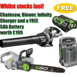 EGO Power + 56v Cordless Deal Chainsaw, Blower, Infinity Charger plus FREE 5Ah Battery