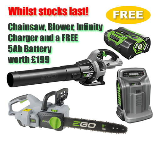 EGO Power + 56v Cordless Deal Chainsaw, Blower, Infinity Charger plus FREE 5Ah Battery