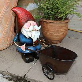 Metal Gnome with Wheelbarrow Planter