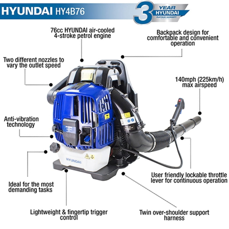 Hyundai 76cc 4-Stroke Backpack Petrol Leaf Blower