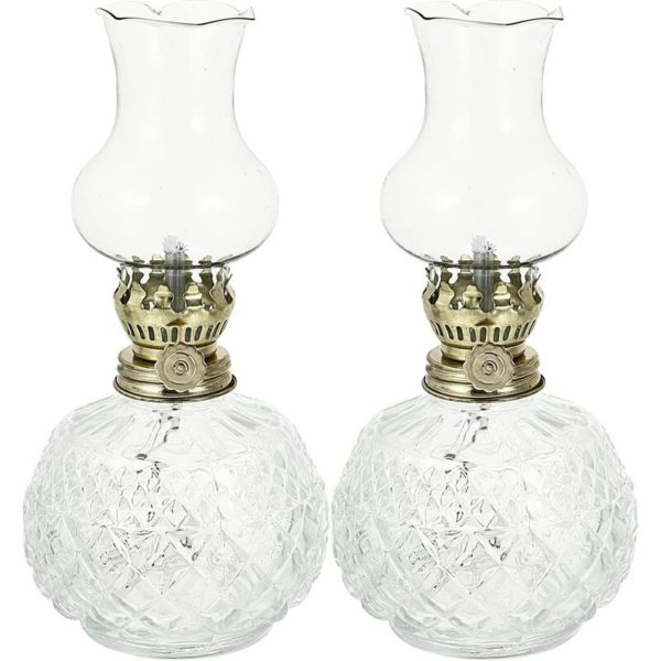 1 Pair Retro Oil Lamp, Clear Kerosene Oil Lamp Lantern Indoor Use, Classical Round Base Glass Paraffin Lamp for Lighting, Prayer, Decoration