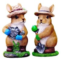 1 Pair of Adorable Garden GChristmase Statues, Pygmy Rabbit Statue with Kettle and Shovel, Realistic Waterproof Resin Ornament for Garden Lawn