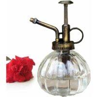 1 vintage glass and brass watering mist can with pump on top, for bonsai flowers, retro style