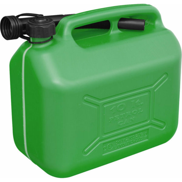 10 Litre Plastic Fuel Can - Safety Screw Lock Cap - Flexible Spout - Green