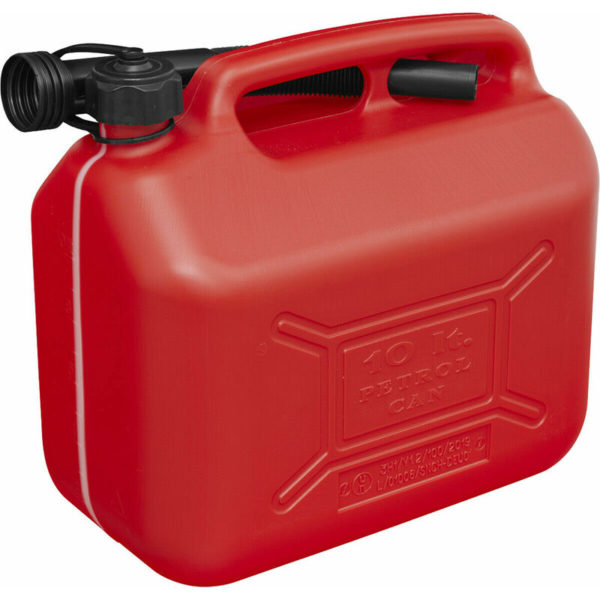 10 Litre Plastic Fuel Can - Safety Screw Lock Cap - Flexible Spout - Red