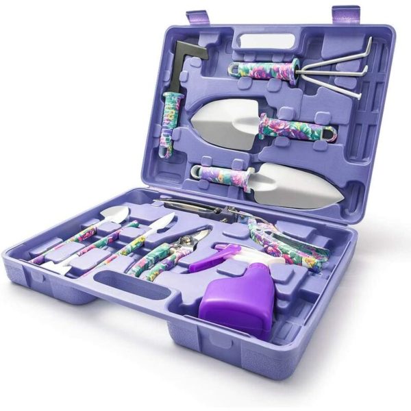 10 Piece Garden Tool Set with Scissors, Shovels, Rake and Sprayer Ergonomic Non-Slip and Stainless Handle - Storage Box (Purple)