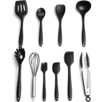 10 Pieces Kitchen Utensil Tools Set Silicone Tongs Spatula Spoons Shovel Brush Whisk,Black - Black