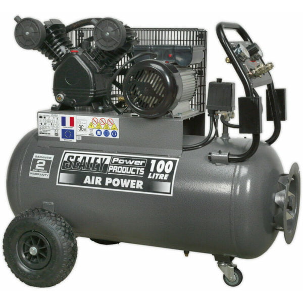 100 Litre Belt Drive Air Compressor - Front Control Panel - 3hp Electric Motor