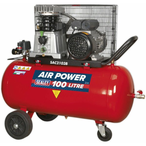 100 Litre Mobile Belt Drive Air Compressor - 3hp Motor - Cast Cylinders - Wheels