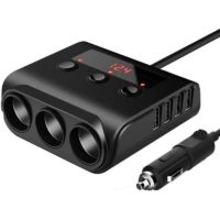 100W/12V/24V Car Cigarette Lighter Socket 3 Ports + 4 usb Charging Ports, Charger Adapter with led Voltmeter and Switch, for Phone, gps, Dash Cam,