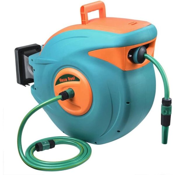 100ft(30m) x1/2 Auto Rewind Garden Water Hose Reel Retractable Automatic Wall Mount Outdoor Spray Water