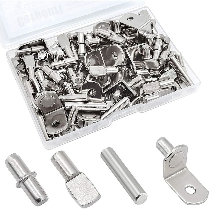 104 Piece Shelf Pin Kit, 4 Styles of Nickel Plated Shelf Support Pegs, Shelf Pegs for Shelves, Cabinet Shelf Support Pegs for Kitchen Furniture and