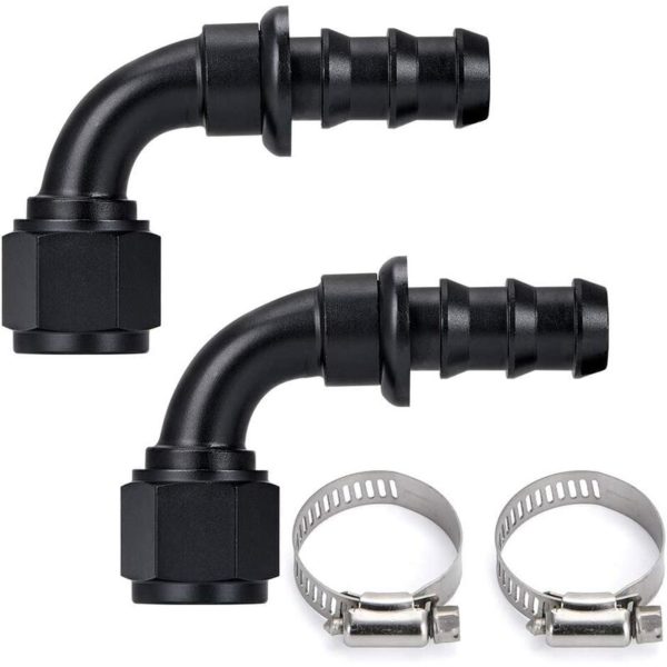 10AN 90 Degree Barbed Swivel To Lock Hose Connector End For Rubber Fuel Line Oil Fuel Cooler Kits Reusable Hose Adapter Anodized Aluminum Alloy Black