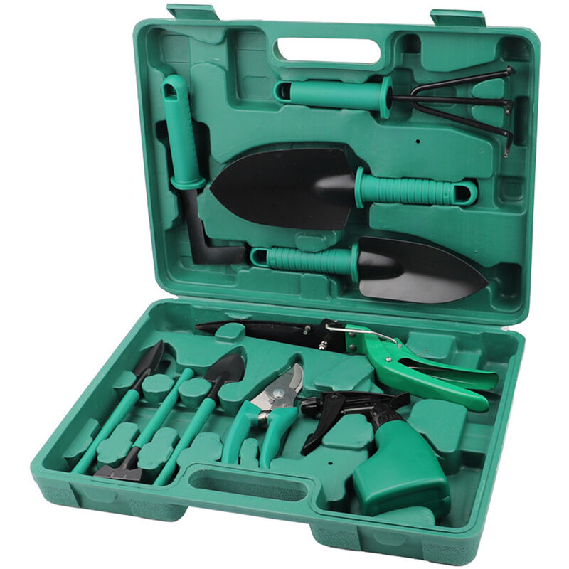 10PCS Garden Tools Set with Storage Case Gardening Tool Kit Shovels Trowel Transplanter Hand Rake Garden Sprayer Weeder Pruning Shear Green