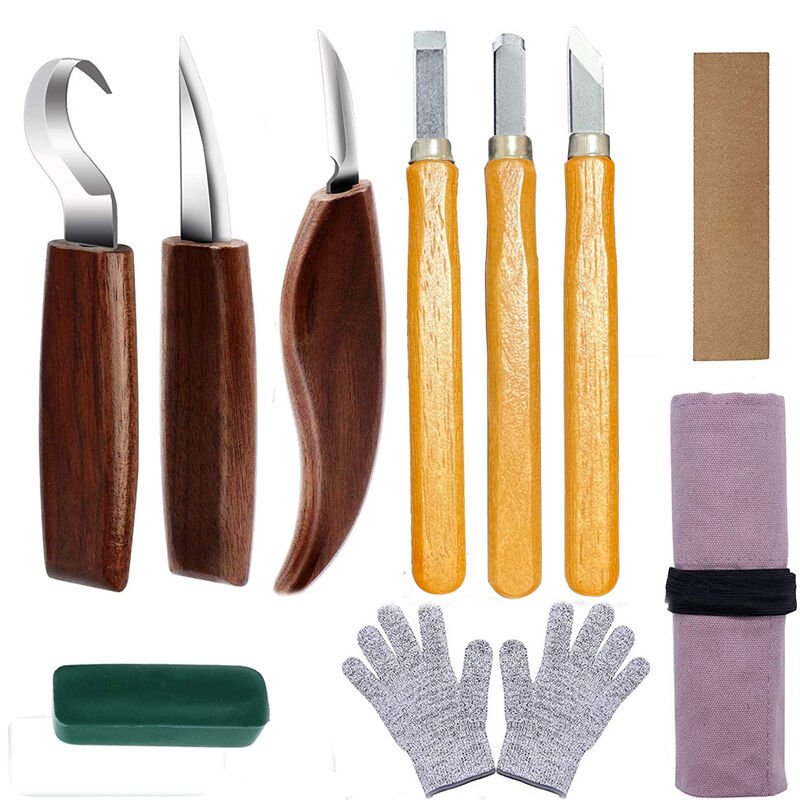 10Pcs Carbon Steel Wood Carving Tools Wood Carving Tool Set with Hook Knife Professional Carving Knife Wood Engraving Tools for Woodworking