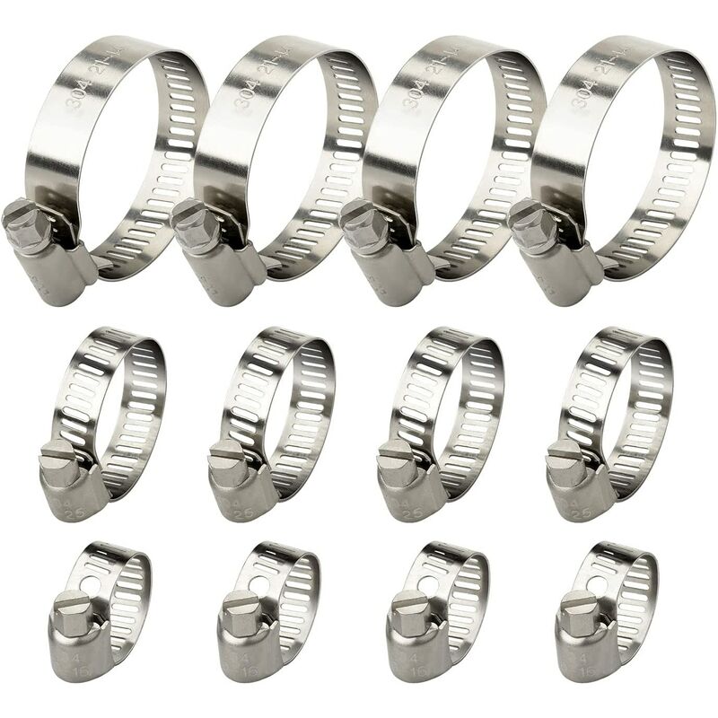 12 Pcs Adjustable Hose Clamp Stainless Steel Hose Clips Adjustable Clamp(10-16mm 16-25mm 21-44mm)