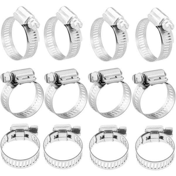 12 Pieces Stainless Steel Clamp, 6-12mm Adjustable Stainless Steel Hose Clamps Clips Fastener for Family Water Pipe, Gas Tank, Automobile Tube Clips