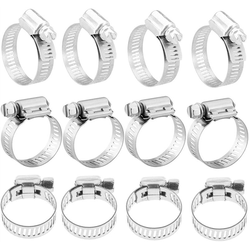 12 Pieces Stainless Steel Clamp, 6-12mm Adjustable Stainless Steel Hose Clamps Clips Fastener for Family Water Pipe, Gas Tank, Automobile Tube Clips