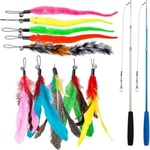 12 pcs Cat Feather Toy, Cat Stick Toy Fishing Rod with 2 pcs Interactive Retractable Rod, 10 pcs Replacement Feather with Pendant, Telescopic Pole