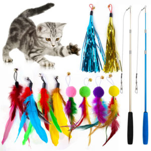 12 pcs Cat Feather Toy, Stick Toy Cat Fishing Rod with 2 pcs Interactive Retractable Rod, 10 pcs Replacement Feather with Pendant, Telescopic Pole