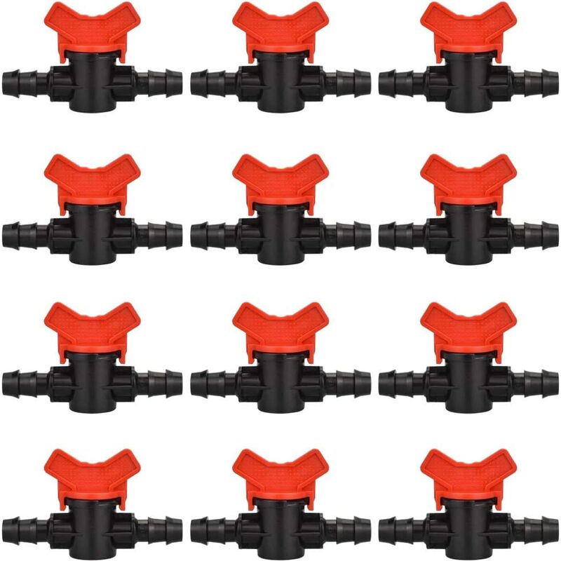 12 pcs Hose Garden Faucet, Hose Irrigation Valve 1616mm Plastic Fitting Shut-Off Valve for Outdoor Garden Water Valve Control (Black+Red)
