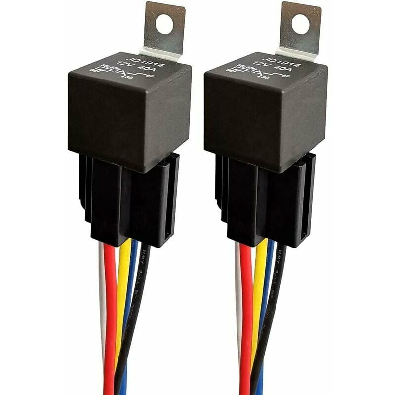 12V 40A Car Relay with Colored Wire Harness, 5 Pin spdt Relay for Motorcycle Truck Boat, Heavy Duty Switches and Starters, Waterproof, 2 Pack