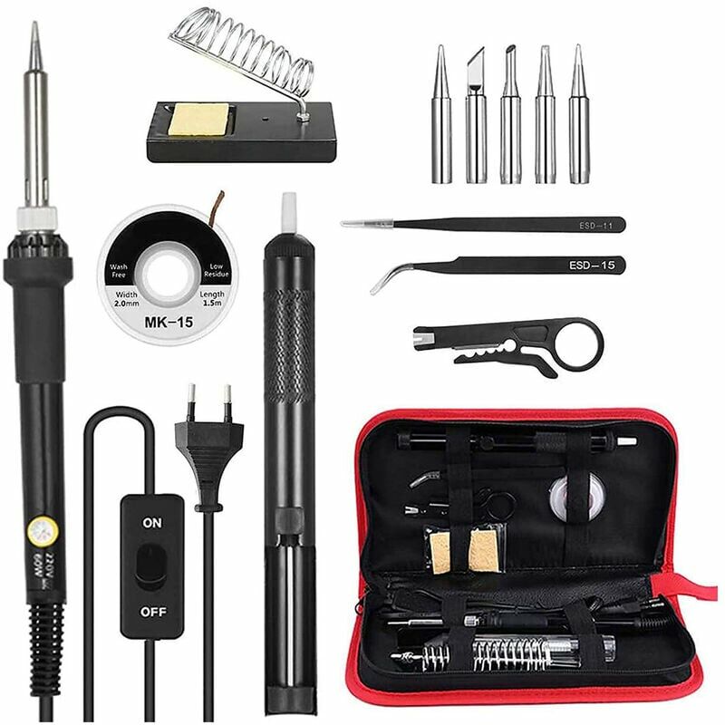 13 in 1 Soldering Iron Kit 60W Adjustable Temperature Soldering Iron with On/Off Switch 5 Soldering Tips Desoldering Suction Cup Desoldering Wick