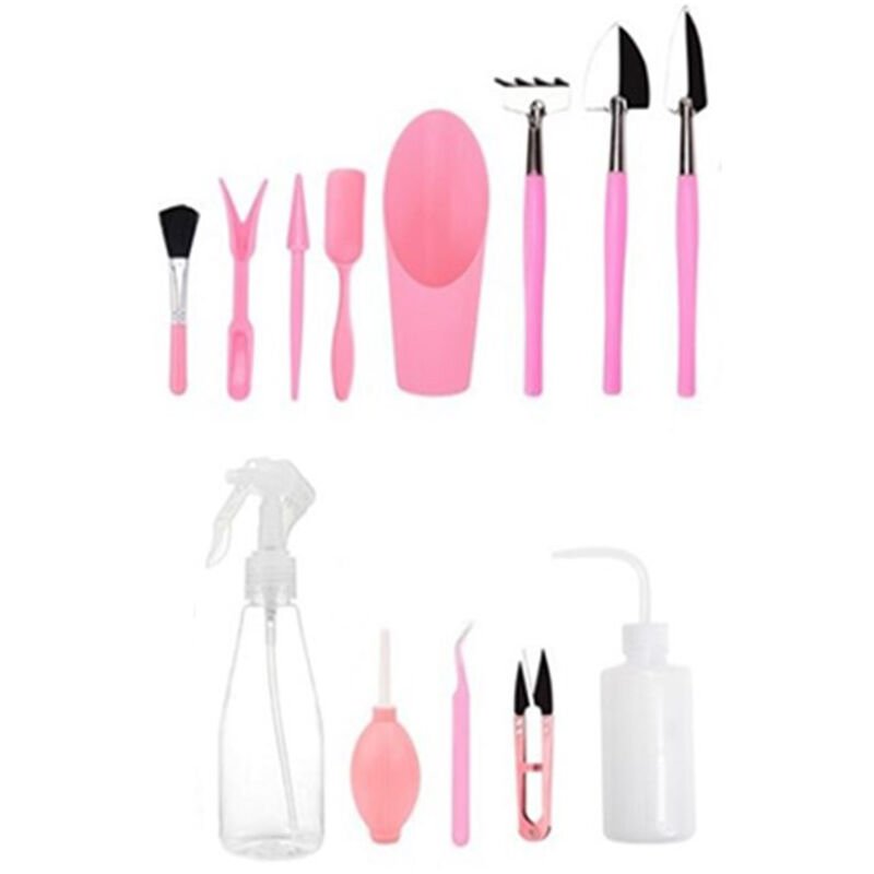 13-piece potted gardening tool set (spray bottle, soil filling bucket shovel), pink - pink