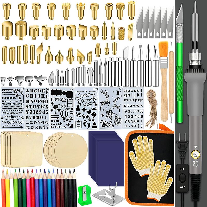 137PCS Wood Burning Kit, diy Creative Tool Set Soldering Pyrography Pen with Adjustable Temperature and Wood Piece for Embossing Carving Tips