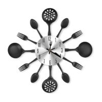 14' Kitchen Cutlery Wall Clock with Forks and Spoons for Home Decor,Black,Non-ticking silent hands