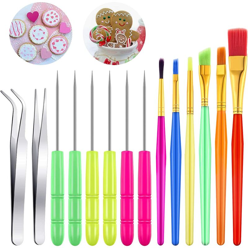 14 Pieces Cookie Tools Decorating Kit Cake Decorating Brush Scribe Tool Sugar Stir Needle Baking Tweezers for Sprinkles Elbow and Straight Tweezers