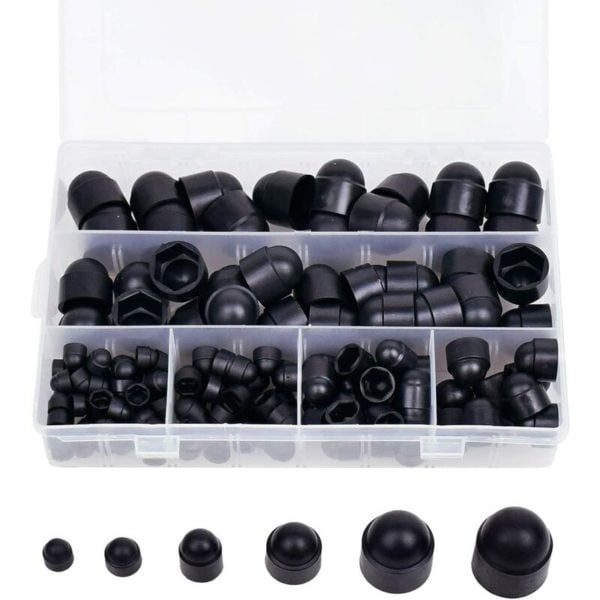 145 Pcs Rubber Hex Nut Cover, Bolt Covers Screw Caps, Plastic Nut Kits with Storage Box, 145 Pcs Black M4 M5 M6 M8 M10 M12