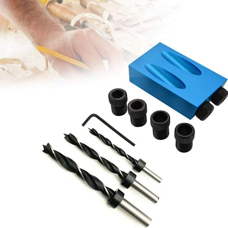 15 Degree Angle Drive Pocket Hole Jig Kit with 6/8/10mm Hole Drive Adapter for Woodworking Angled Drill Guide
