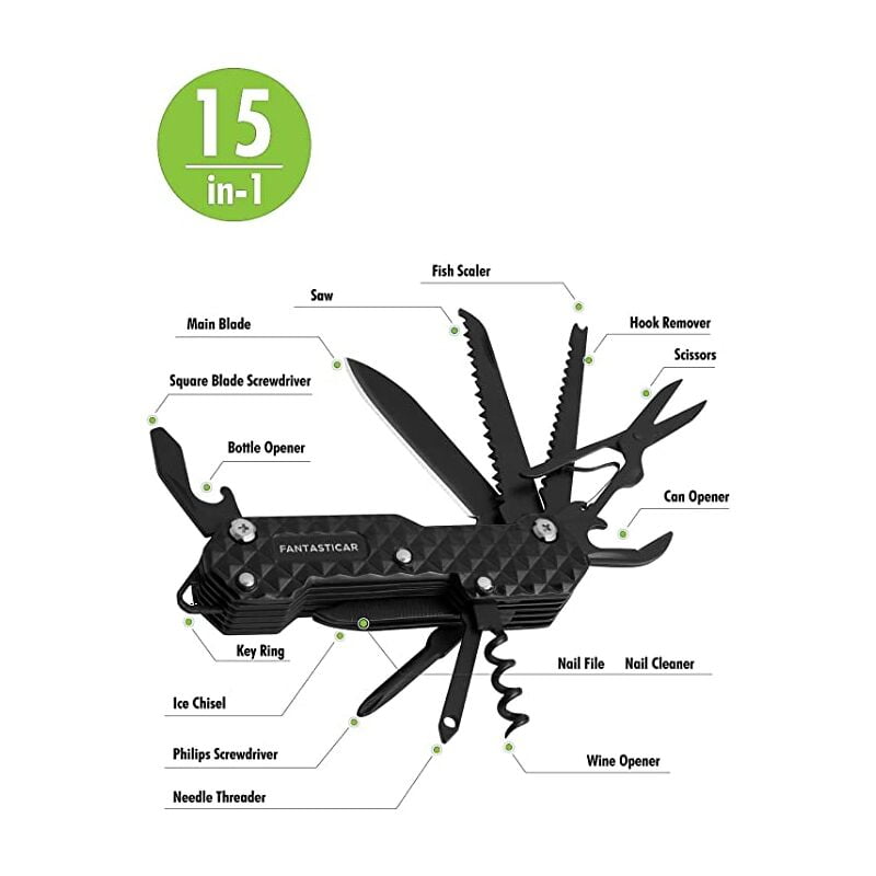 15 in 1 Multi-Tool, edc Folding Pocket Knife with Premium Gift Box for Father's Day for Camping, Fishing, Hunting, Survival, Outdoors (Black)