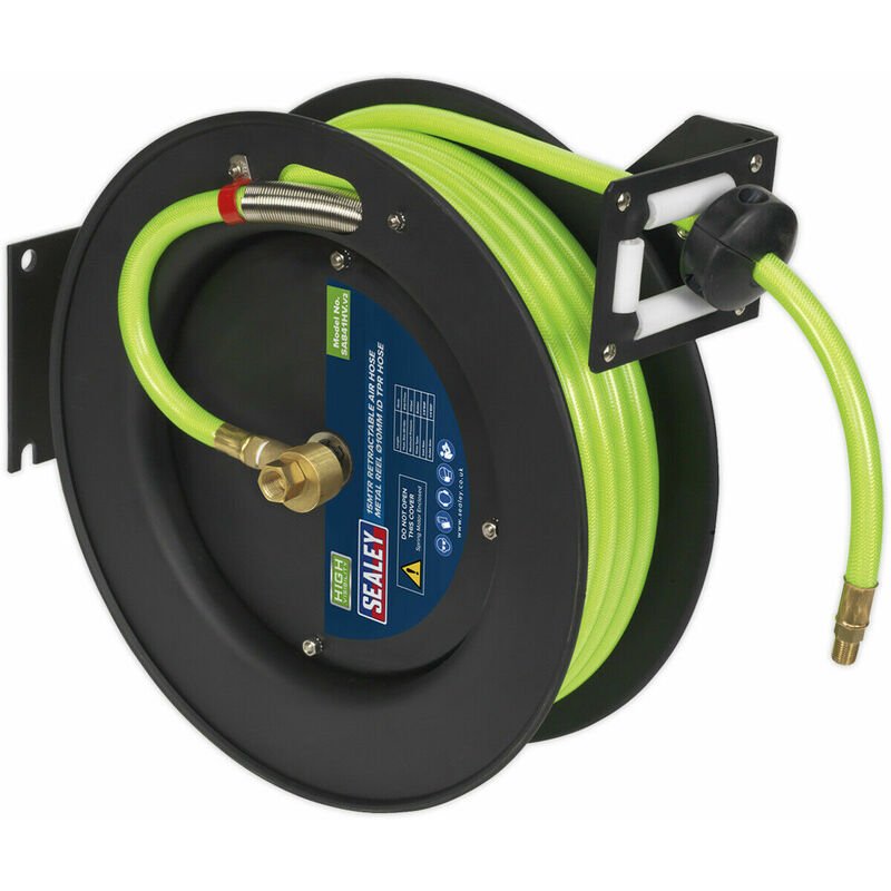 15m Retractable Air Hose - Steel Reel - 3/8' bsp Inlet - 10mm Hi-Vis tpr Hose