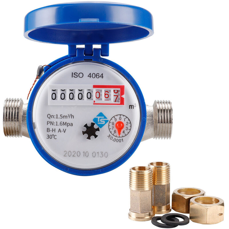 15mm 1/2 Inch Cold Water Meter Read with Fittings 360 Adjustable Rotary Counter Water Measuring Meter for Garden & Home Usage,model:Blue