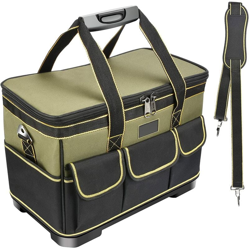 16 Inch Tool Bag, Multi-Pocket Tool Bag Organizer with Waterproof Molded Base, Adjustable Shoulder Strap, Heavy Duty Tool Storage Bag with Wide Open