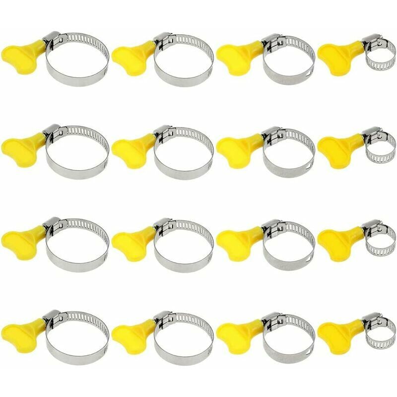 16 Pcs 10-38mm Adjustable Hose Clamp Stainless Steel Hose Clamps with Yellow Twist Grip Fits Hoses Such as Water and Fuel Hoses - 4 Sizes