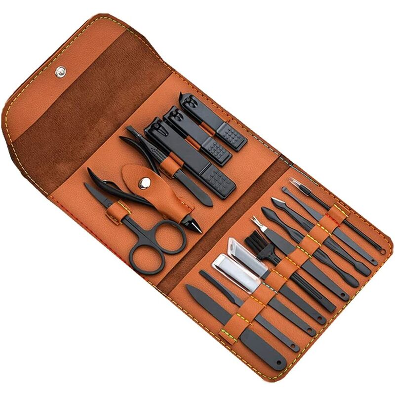 16 Pcs Personal Care Nail Clipper kit Stainless Steel Professional Pedicure Grooming Set (Brown)
