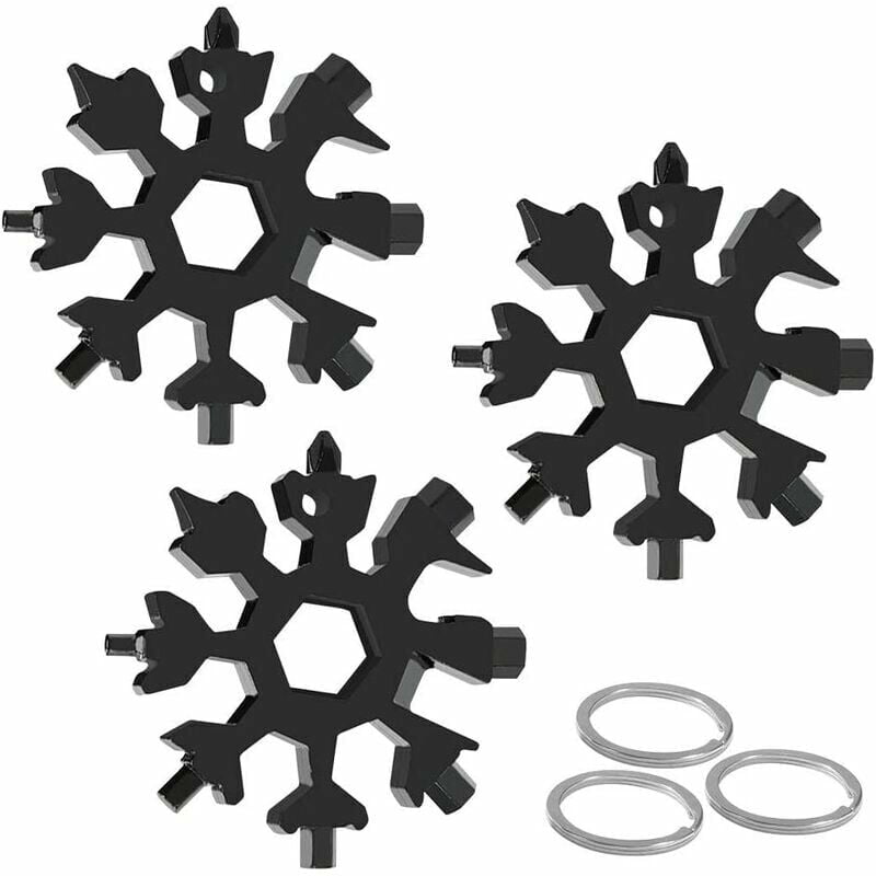18-in-1 Snowflake Multi-Tool, Stainless Steel Snowflake Wrench, Wrench, Screwdriver, Bottle Opener, Allen Wrench, Guazhuni (Black) 3pcs