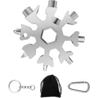18 in 1 Stainless Steel Snowflake Multi-Tool Set with Carabiner, Key Ring and Storage Bag (Silver)