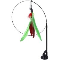 1pc Feather Toys for Cats Fishing Rod Cat Kitten and Kitty Retractable Telescopic with Bell and Suction Cup Wand Teaser Fishing Rod for Indoor(Green