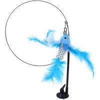 1pc Feather Toys for Cats Fishing Rod Cat Kitten and Kitty Retractable Telescopic with Bell and Suction Cup Wand Teaser Rod (Flying Fish Blue-Suction