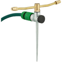 2 Arm Sprinkler, with Ground Stake, 12 m Range, Adjustable Nozzles, 3/4'' Connector, Rotating, Silver/Gold - Relaxdays