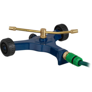 2-Arm Sprinkler, with Wheels, Spray Radius 4-5 m, Adjustable Jets, 3/4'' Connector, 10x27.5x26 cm, Blue/Gold - Relaxdays