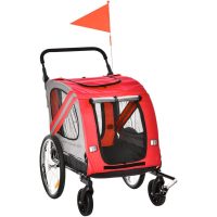 2-In-1 Dog Bike Trailer Stroller w/ Universal Wheel Reflector Flag Red - Red - Pawhut