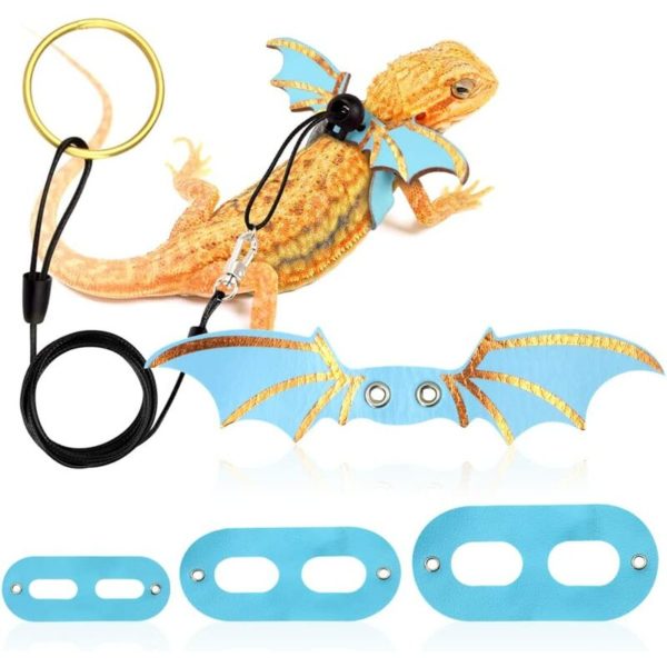 2 Pack Adjustable Lizard Leashes, 3 Size Bearded Dragon Harness with Wings, Soft Leather Reptile Leash for Lizard Gecko Pet for Safe Walking (Blue)