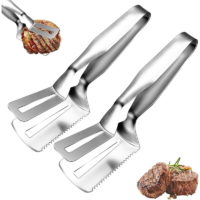 2 Pack Stainless Steel Steak Tongs, Multifunction Food Grade Bread Tongs, Stainless Steel bbq Tongs, Serrated Steak Tongs, Can Clip, Shovel, Can Cut