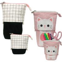 2 Pack Telescopic Standing Pencil Case with Zipper Closure, Washable Canvas Pen Holder with Cute Kawaii Cartoon Designs for Stationery, Supplies,
