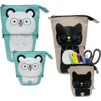 2 Pack Telescopic Zippered Pencil Case, Washable Canvas Pen Holder with Cute Kawaii Cartoon Designs for Stationery, Supplies, Students, Teenagers